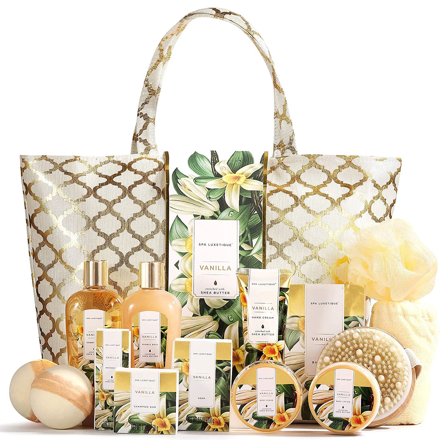 Me Time! Luxurova Vanilla Gift Baskets for Women, Luxury 15 Pcs Bath Gift Set, Relaxing at Home Bath Set with Massage Oil, Bath Salt, Bubble Bath, Christmas Gift Set for Women.