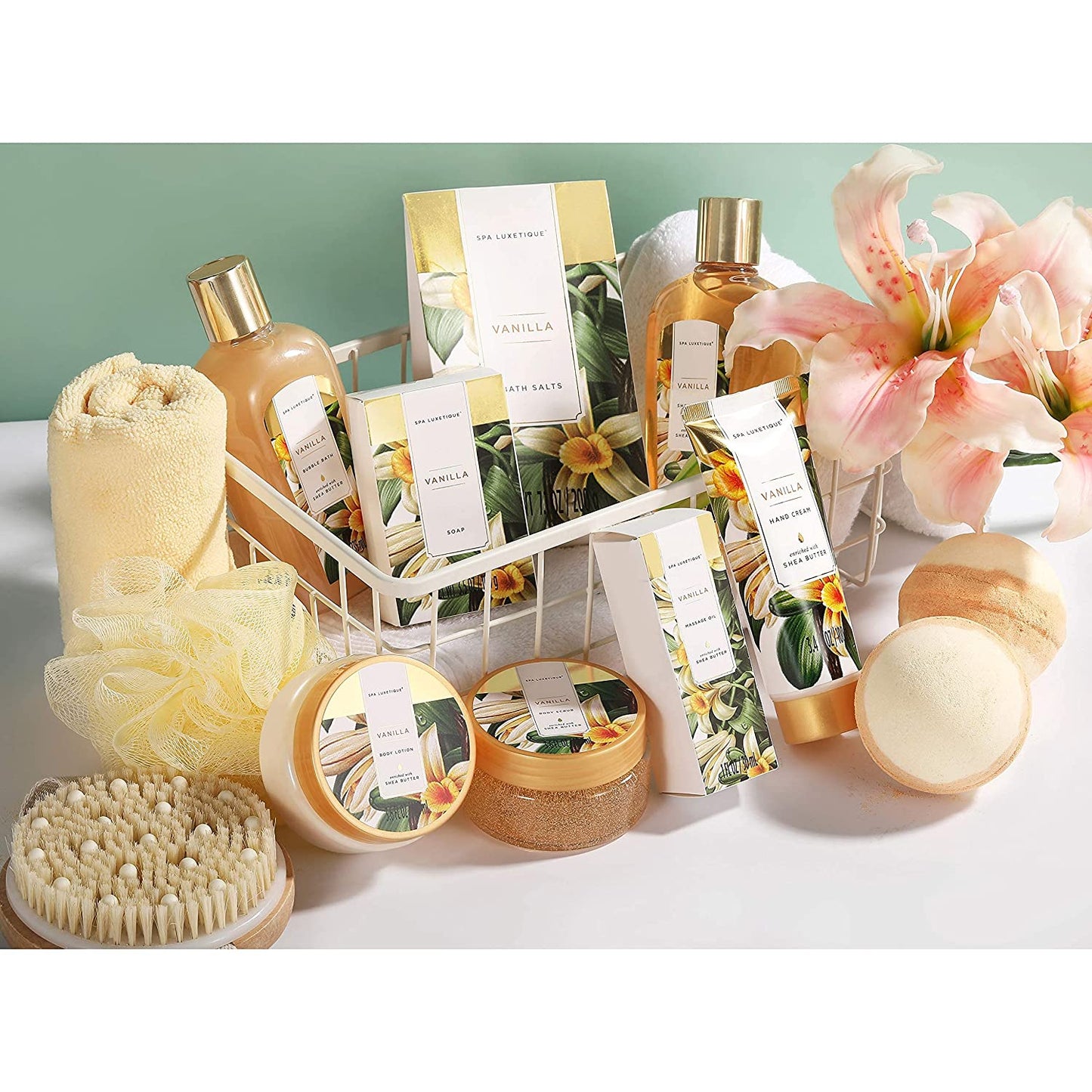 Me Time! Luxurova Vanilla Gift Baskets for Women, Luxury 15 Pcs Bath Gift Set, Relaxing at Home Bath Set with Massage Oil, Bath Salt, Bubble Bath, Christmas Gift Set for Women.