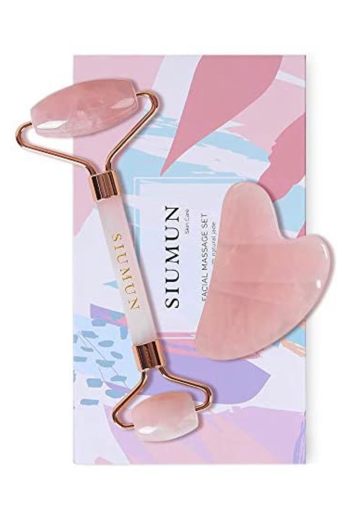 The Exquisite Jade Roller & Gua Sha Tool Set for Face & Neck | SIUMUN Natural Stone Massager - Rose Quartz