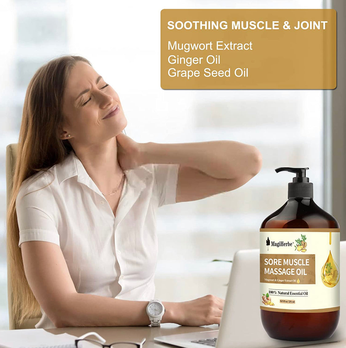 Sore Muscle Massage Oil for Body, 251ML Pure Natural Ginger Essential Oil and Mugwort Oil-Remedy for Warming,Repelling Cold and Relaxing Active Oil