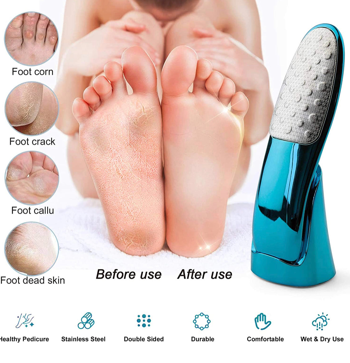 Foot Scrubber with Holder, Never-Cut-Your-Skin Callus Remover for Feet, Double-Sided Foot Scraper with Mirror-Like Handle, Pedicure Foot File Best Foot Scrubber Callus Remover, Durable and Easy to Use