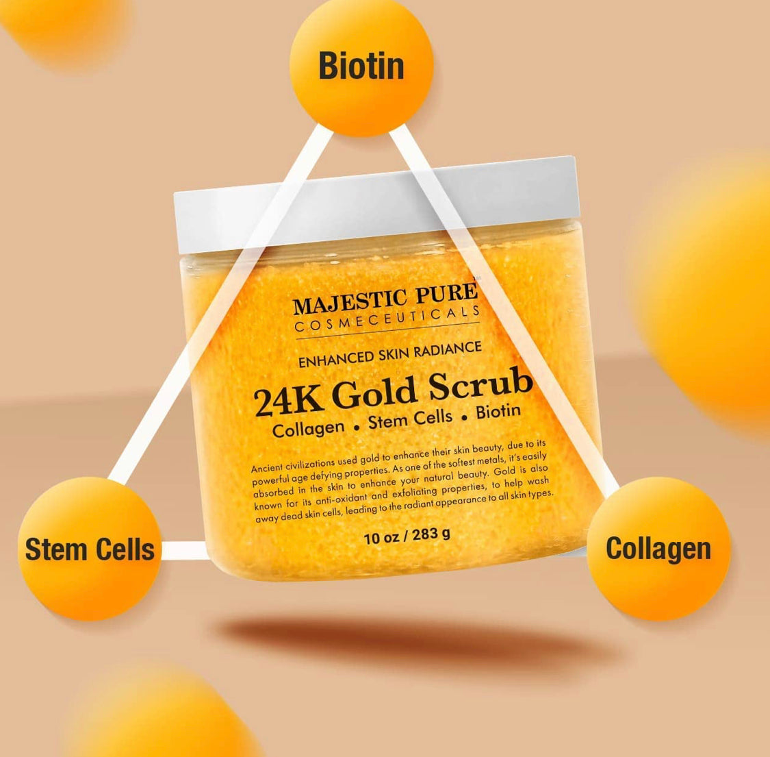 ajestic Pure 24K Gold Scrub - Biotin, Collagen, VitaminE & Stem Cell - Exfoliating Body Scrub, Skin Moisturizer, Pore Cleanser & Body Exfoliator - Natural Skin Care - 24k Scrub For Men & Women - 10oz