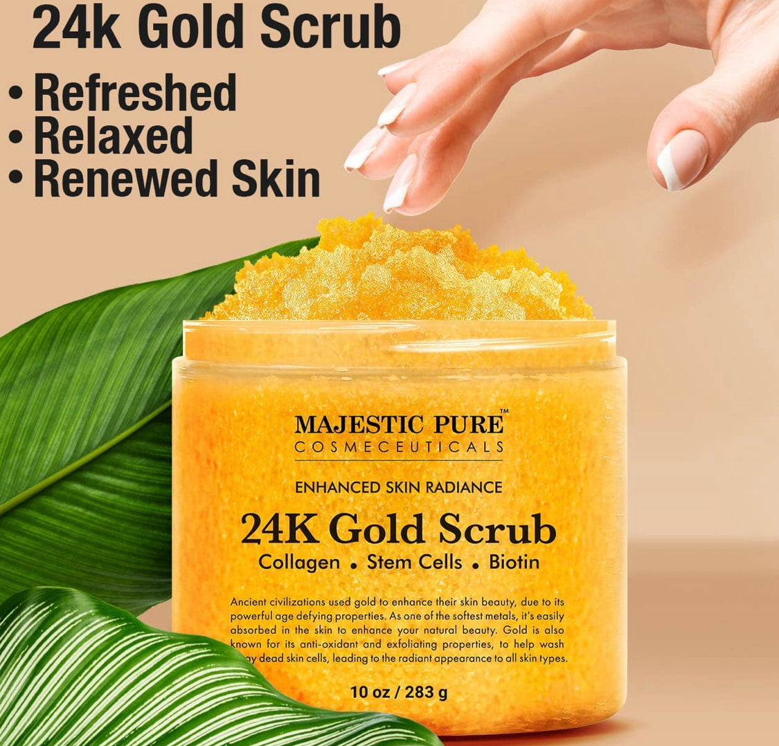 ajestic Pure 24K Gold Scrub - Biotin, Collagen, VitaminE & Stem Cell - Exfoliating Body Scrub, Skin Moisturizer, Pore Cleanser & Body Exfoliator - Natural Skin Care - 24k Scrub For Men & Women - 10oz