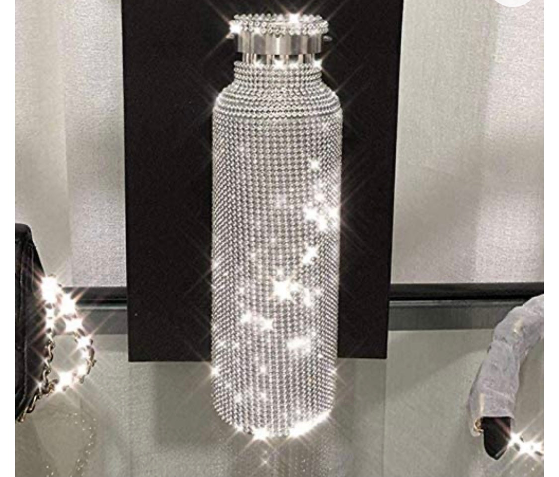 Level Up Diamond Water Bottle Bling Rhinestone Stainless Steel Thermal Bottle Refillable Water Bottle Insulated Water Bottle Glitter Water Bottle with Chain for Women (Silver,500 ml)