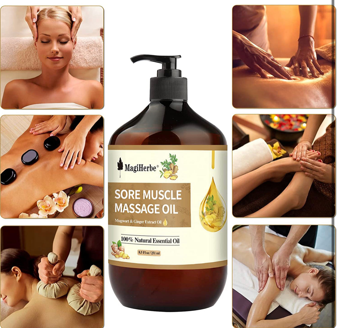 Sore Muscle Massage Oil for Body, 251ML Pure Natural Ginger Essential Oil and Mugwort Oil-Remedy for Warming,Repelling Cold and Relaxing Active Oil