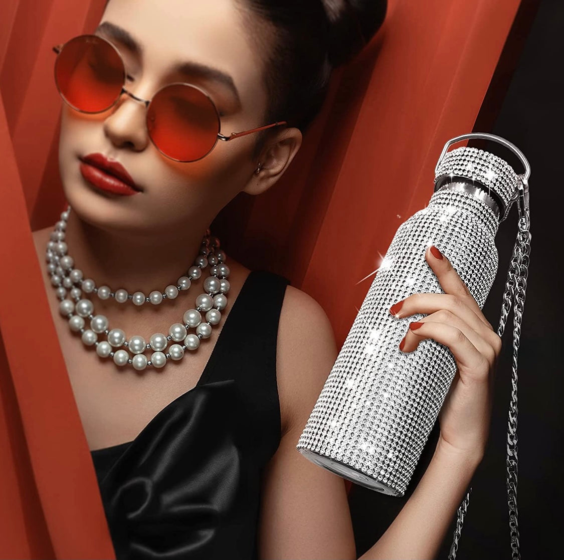 Level Up Diamond Water Bottle Bling Rhinestone Stainless Steel Thermal Bottle Refillable Water Bottle Insulated Water Bottle Glitter Water Bottle with Chain for Women (Silver,500 ml)