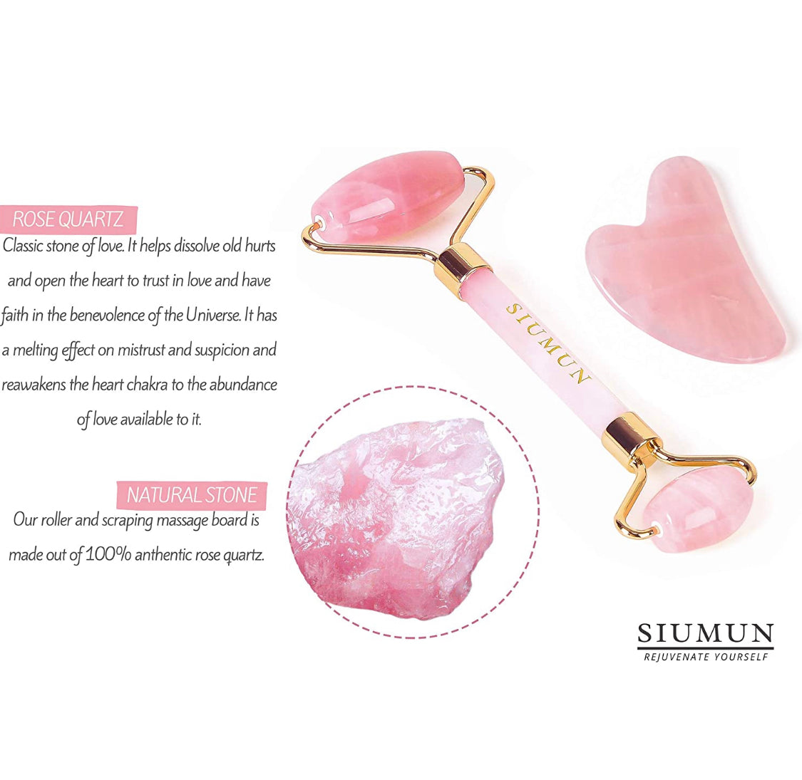 The Exquisite Jade Roller & Gua Sha Tool Set for Face & Neck | SIUMUN Natural Stone Massager - Rose Quartz