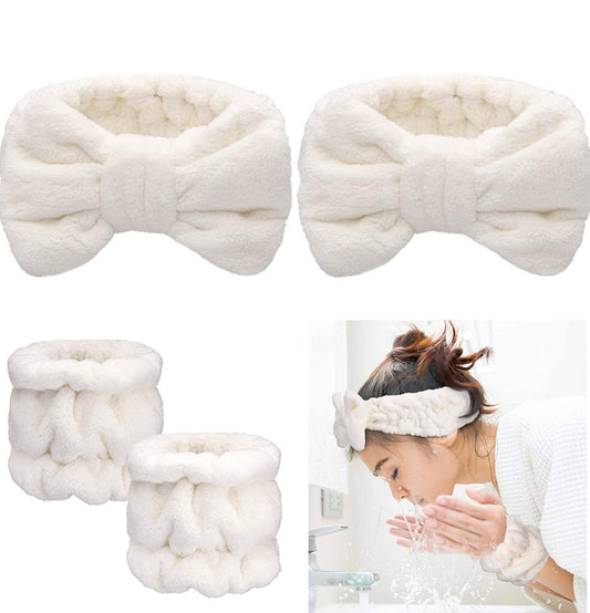 Exquisite 4 Pieces Spa Headband Wrist Washband Scrunchies Cuffs for Washing Face, Towel Wristbands Hair Headband Face Wash Wristband for Women Girls Makeup Prevent Liquids from Spilling Down Your Arms (White)