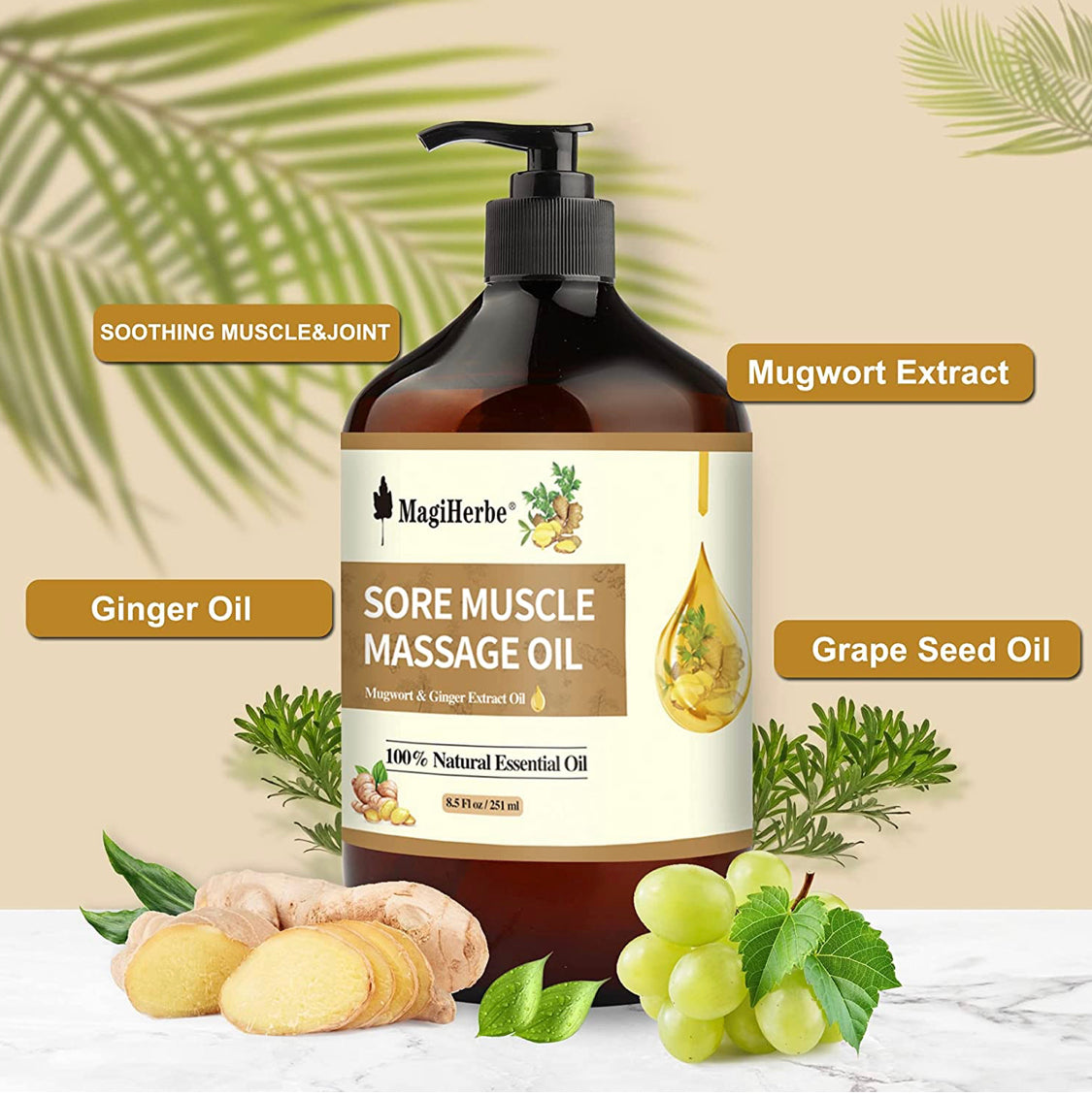 Sore Muscle Massage Oil for Body, 251ML Pure Natural Ginger Essential Oil and Mugwort Oil-Remedy for Warming,Repelling Cold and Relaxing Active Oil