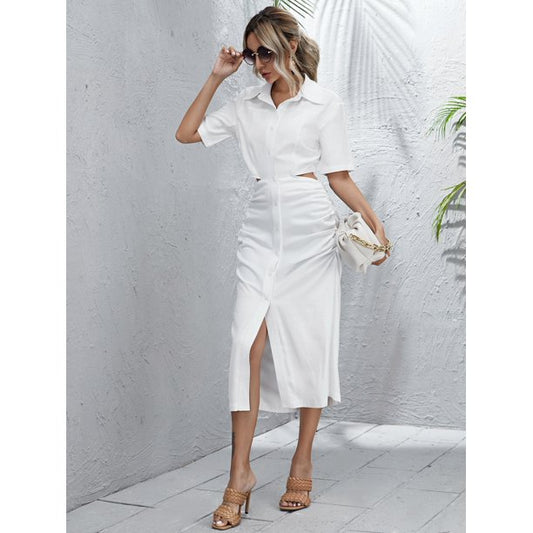 Women's Button Front Ruched Detail Cut Out Shirt Dress