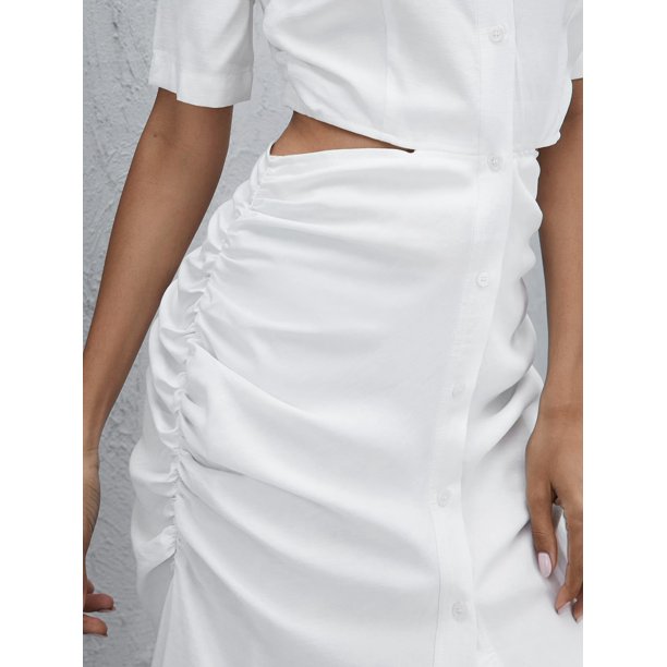 Women's Button Front Ruched Detail Cut Out Shirt Dress